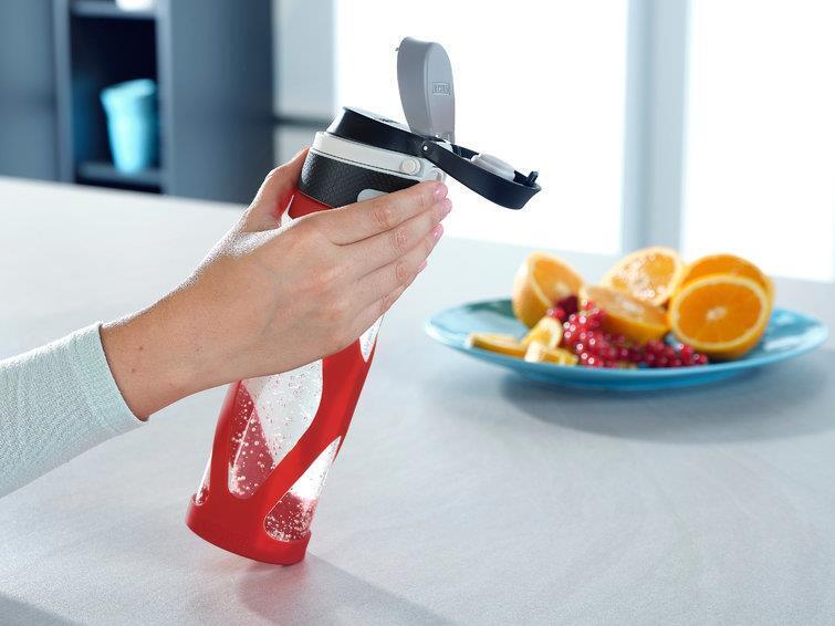 Leifheit 03256 borraccia Uso quotidiano, Fitness, Sport 600 ml Vetro, Polipropilene (PP), Silicone Nero, Rosso, Trasparente