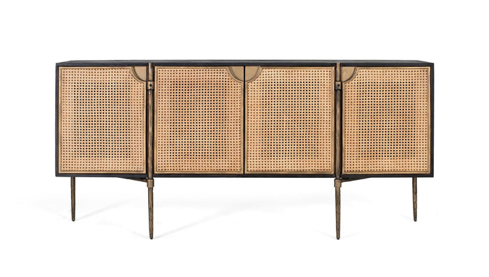 Credenza in legno e ante in rattan intrecciato con gambe in metallo