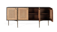 Credenza in legno e ante in rattan intrecciato con gambe in metallo
