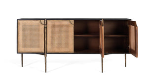 Credenza in legno e ante in rattan intrecciato con gambe in metallo