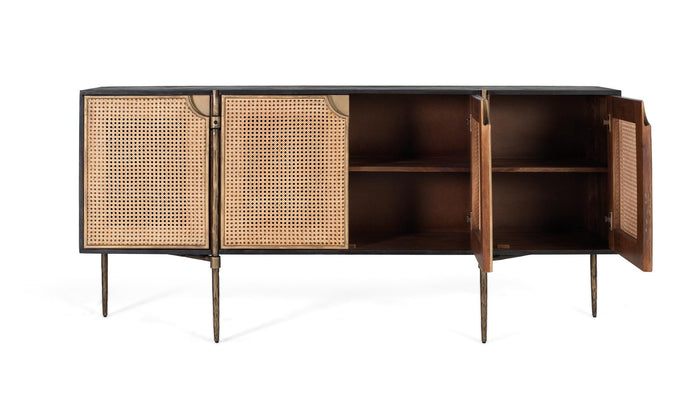Credenza in legno e ante in rattan intrecciato con gambe in metallo