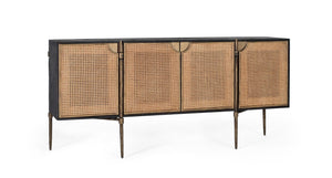 Credenza in legno e ante in rattan intrecciato con gambe in metallo