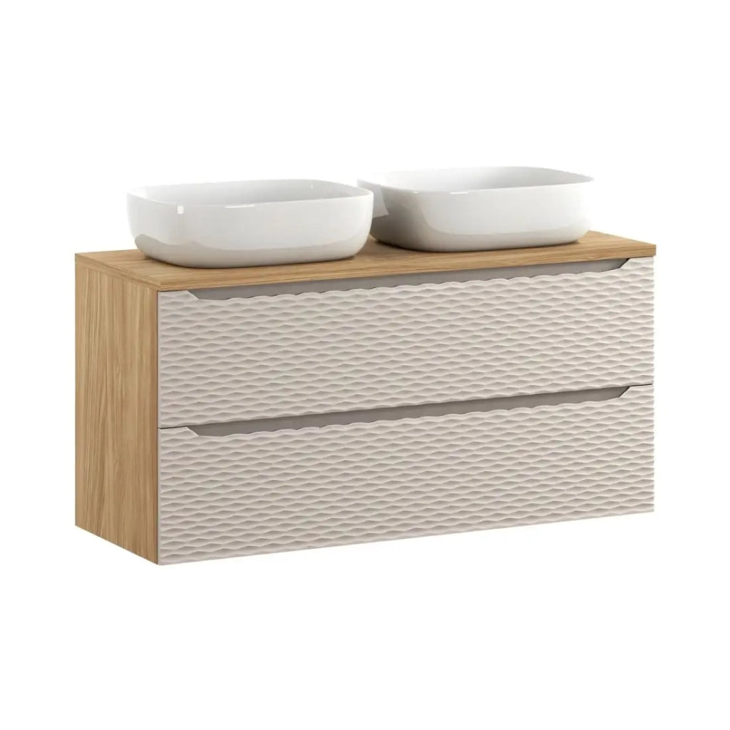 Set da bagno YOKA beige: mobile sotto lavabo con cassetti 120 cm + piano per lavabo + 2 lavabi da appoggio