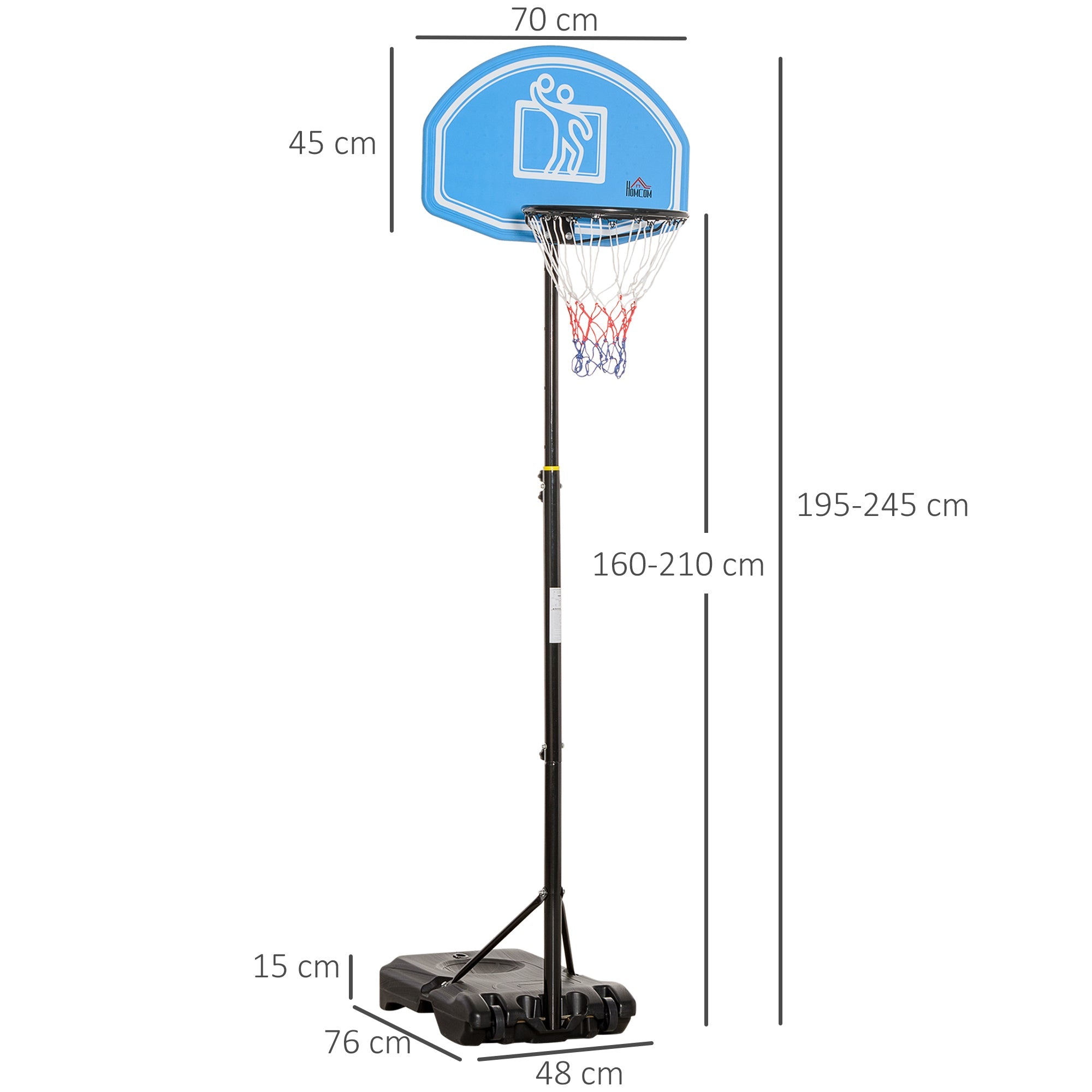 Canestro da Basket Altezza Regolabile 195-245 cm in Acciaio e HDPE Blu