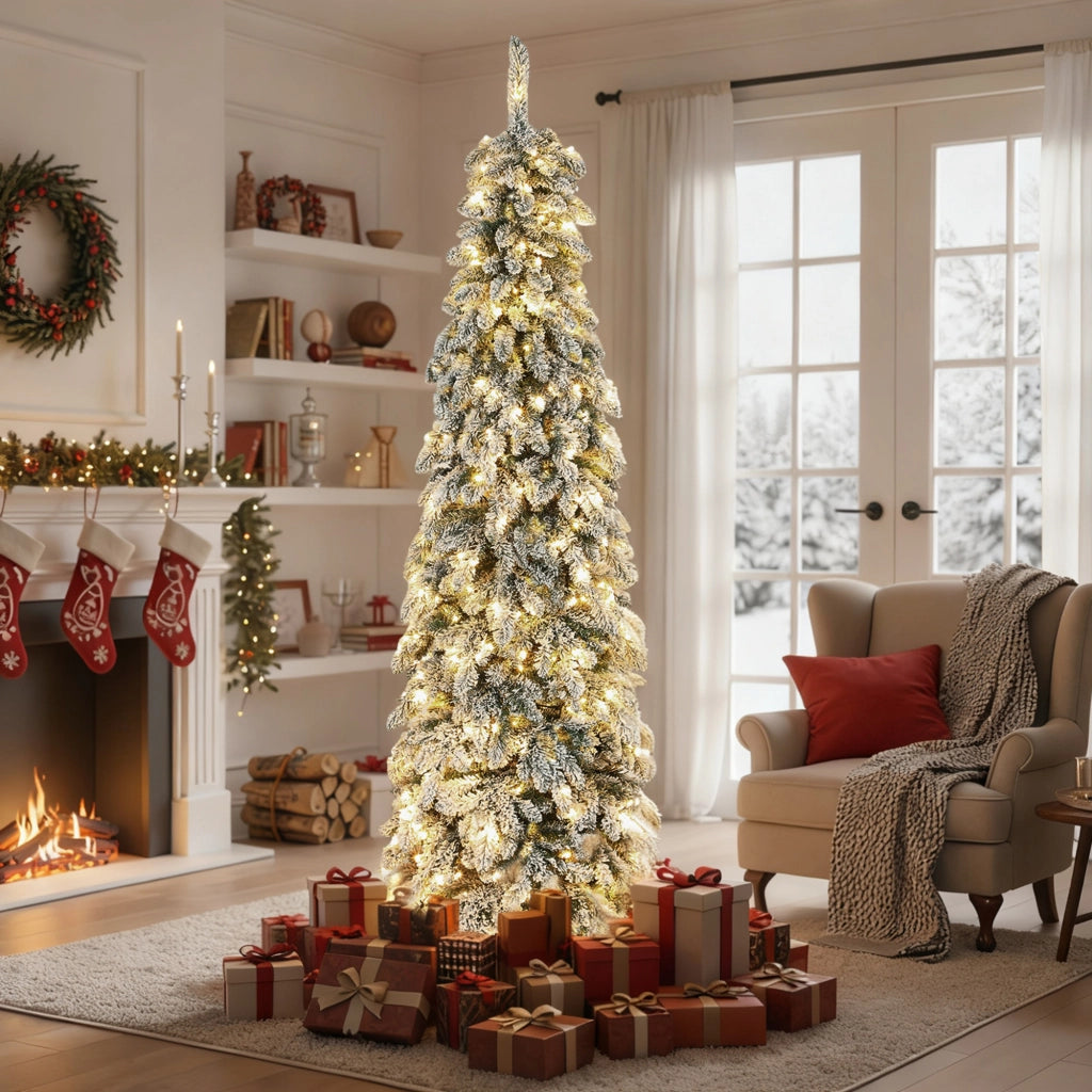 Albero di Natale Stretto 225 cm con Luci LED Bicolori 11 Modi Timer 800 Rami Verde ¨C zephmum ¨C Verde