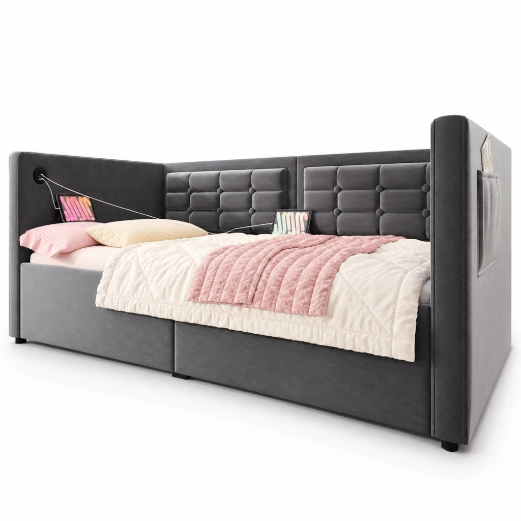 Divano letto con vano contenitore, ricarica USB e Type-C, 90x200 cm, grigio