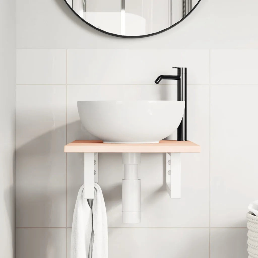 Ripiano a Parete per Lavabo in Acciaio e Massello di Rovere