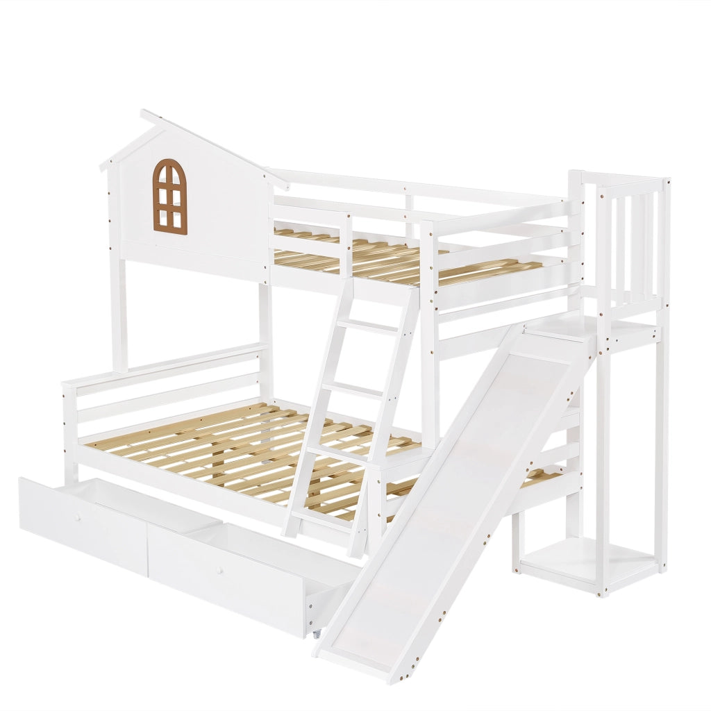 Letto a castello bianco con scivolo; scala inclinata e cassetti 90x200 e 120x200 cm