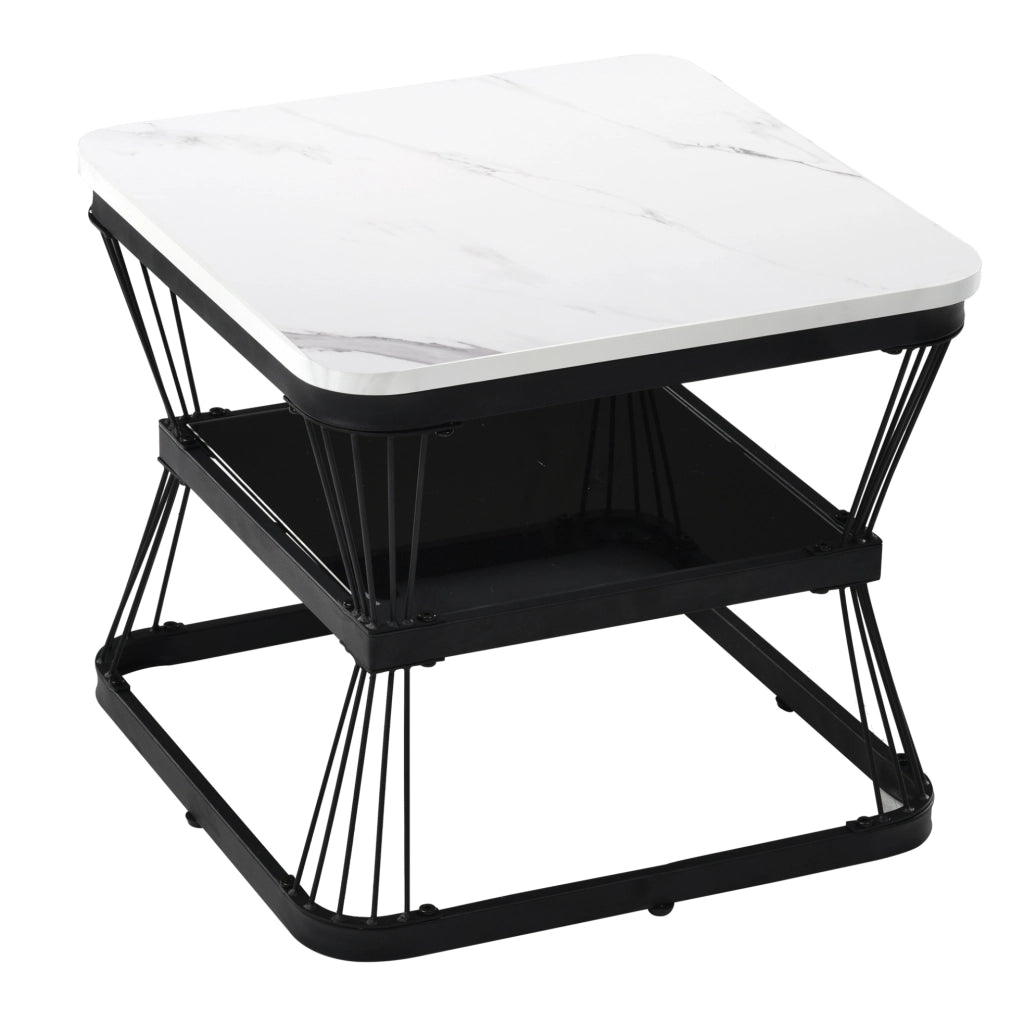 Set di 2 tavolini da salotto moderni in MDF effetto marmo; struttura in acciaio nero; bianco