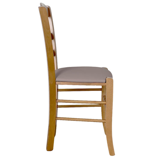 Sedia legno Loris noce chiaro con seduta imbottita ecopelle tortora