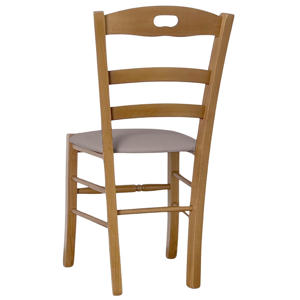 Sedia legno Loris noce chiaro con seduta imbottita ecopelle tortora