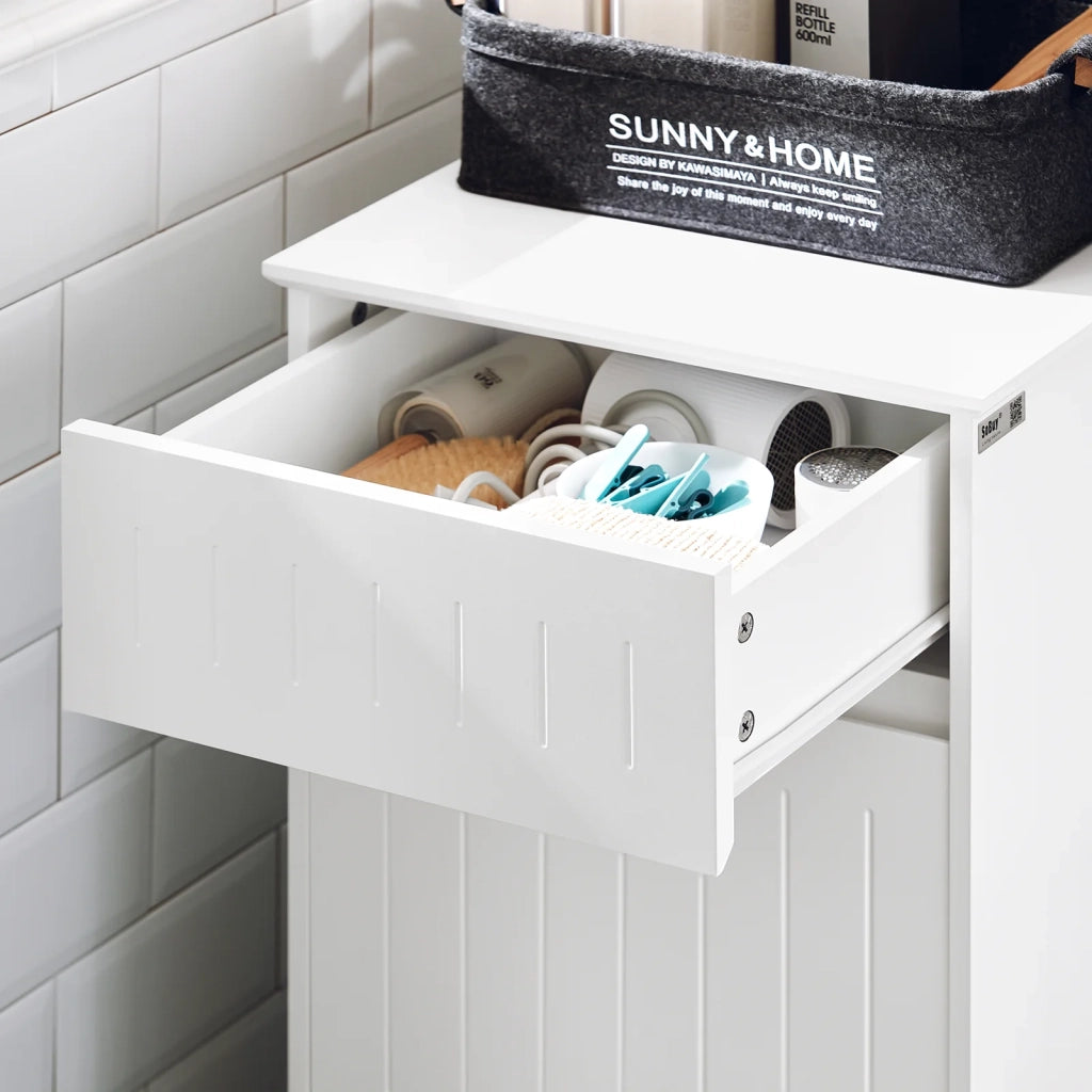 Mobile Lavanderia Con Cesto Portabiancheria Apribile, Cesto Portabiancheria Con Un Cassetto, Mobiletto Bagno Bianco 40x39x86cm BZR110-W SoBuy