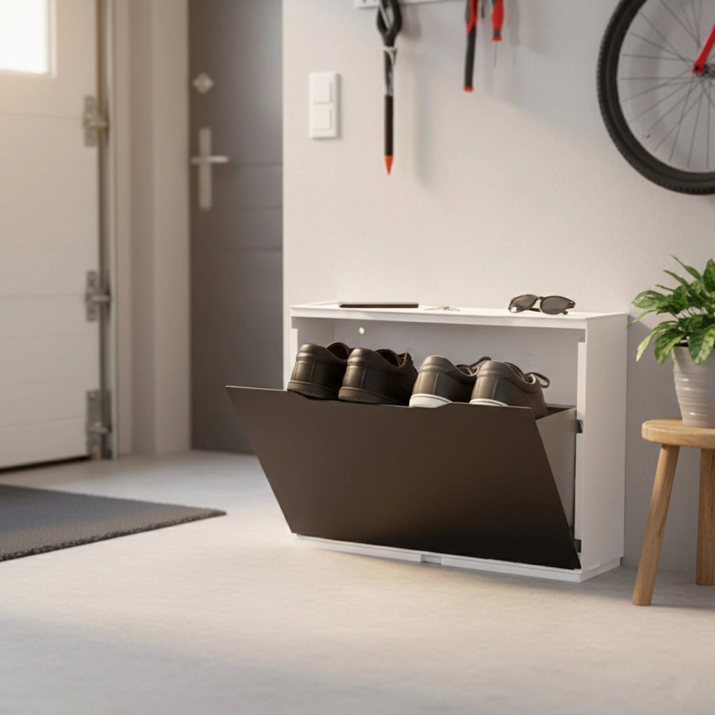 Scarpiera con 1 anta a ribalta in Avon, Mobiletto componibile da interno o esterno, 100% Made in Italy, cm 51x18h40, colore Marrone