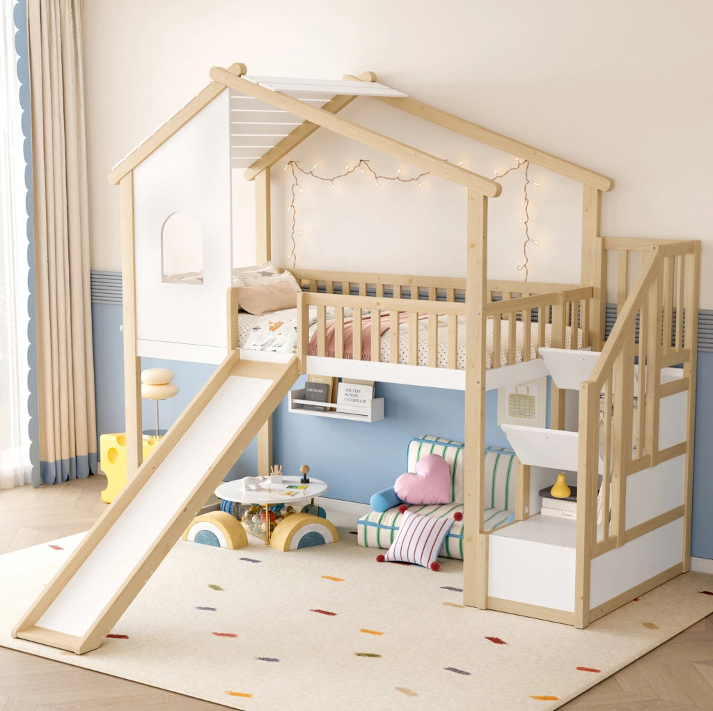 Letto a soppalco 90x200 cm con scivolo e scala contenitore in legno; naturale e bianco