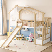 Letto a soppalco 90x200 cm con scivolo e scala contenitore in legno; naturale e bianco