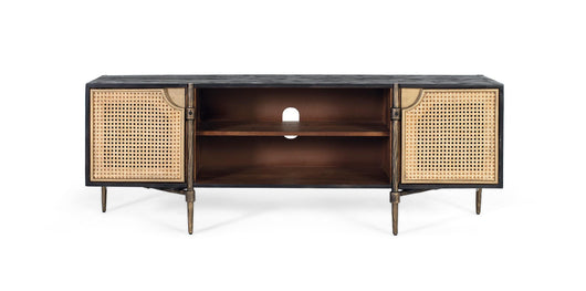 Mobile TV in legno di mango con ante in canna e gambe in bronzo