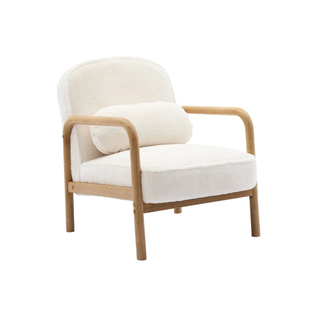 Poltrona scandinava arrotondata in legno di hevea, crema