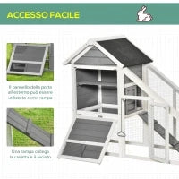 Conigliera in Legno con Area Aperta e Rampa, Gabbia per Conigli con Fondo Estraibile e Porte, 140x65x120 cm, Grigia