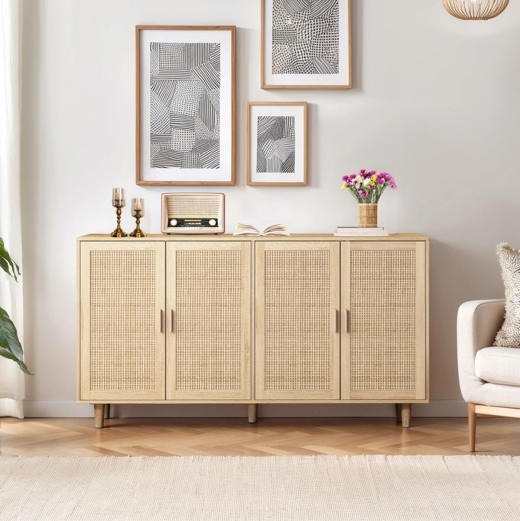 Credenza contenitore 4 ante in rattan naturale 158 x 40 x 88 cm