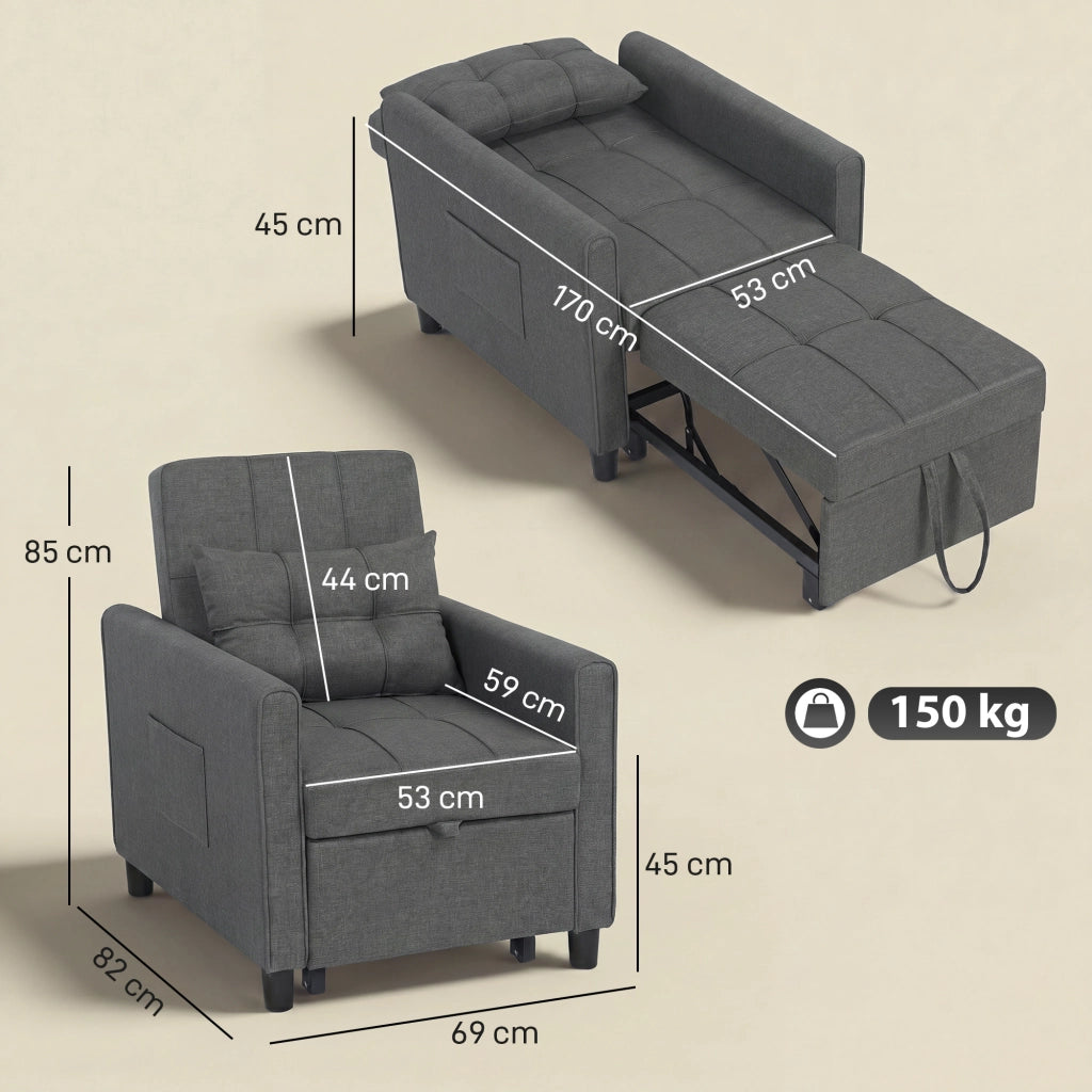 Poltrona Letto Singolo 69x82x85 cm con Schienale Reclinabile in Tessuto Effetto Lino e Legno Grigio