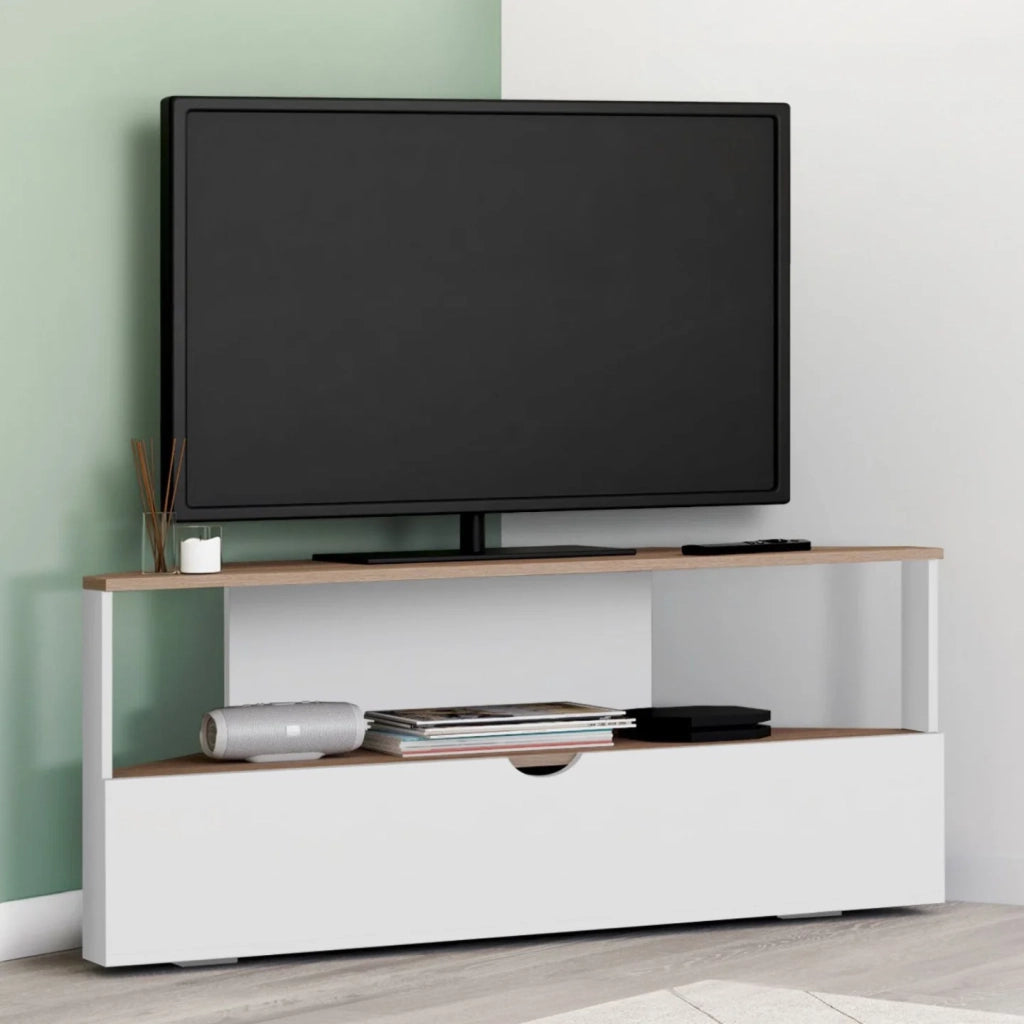 IDMarket - Mobile TV angolare ELI 100 cm in legno effetto faggio e bianco