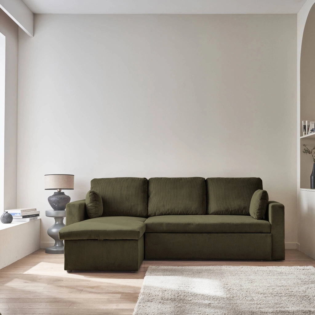 Divano letto angolare reversibile in velluto a coste, 3 posti, kaki