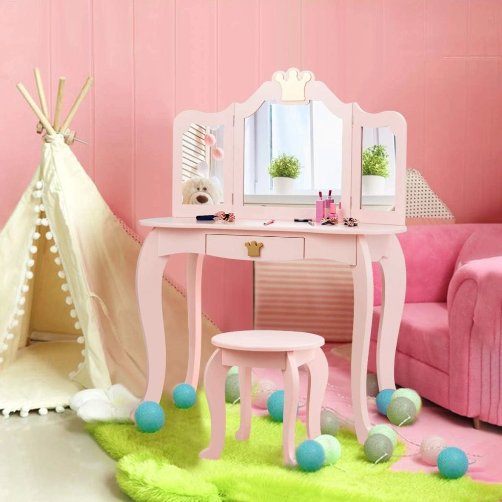 Toeletta Trucco per Bambina Staccabile, Specchiera per Ragazza in Legno con Sgabello e Cassetto, Postazione Trucco 2 in 1 per Cameretta e Cmera da Letto, 80x42x105cm (ROSA)