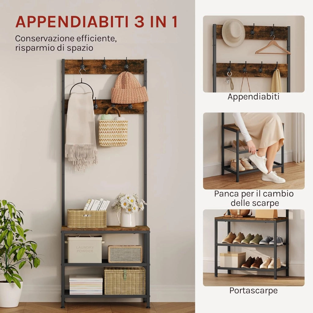 Appendiabiti Panca Porta Scarpe 3 in 1, Scaffale per Scarpe a 2 Livelli con Sedile e 7 Ganci, per Corridoio/Ingresso, Metallo + Legno Ingegnerizzato, Nero + Marrone Rustico, 60x31,5x170cm