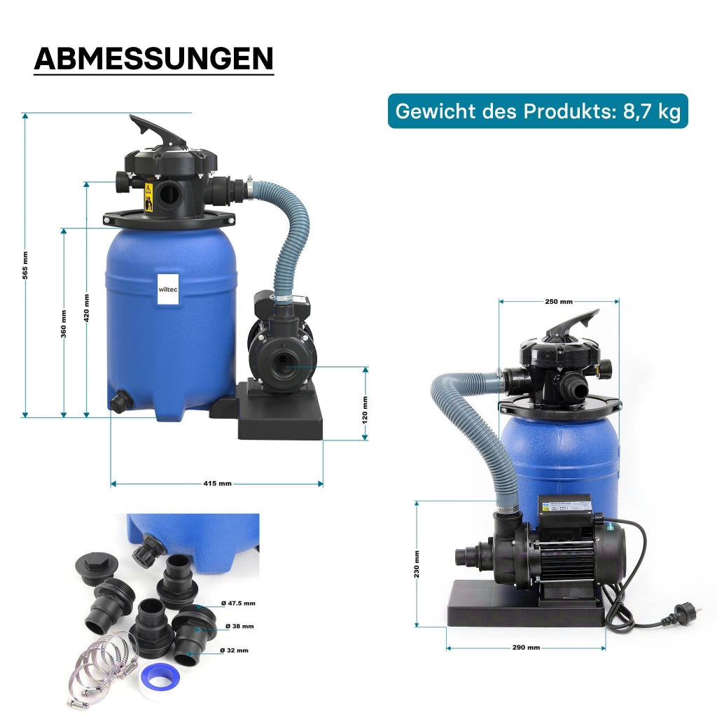 Filtro a sabbia per piscina, 180 W, serbatoio filtrante 14 l, pompa piscina autoadescante 9.000 l/h