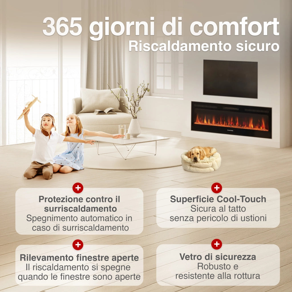 KAMINIO Camino elettrico MARLON - Camino elettrico 3 in 1 con riscaldatore, effetto fiamma 3D, 12 colori di fiamma, telecomando - 60 pollici