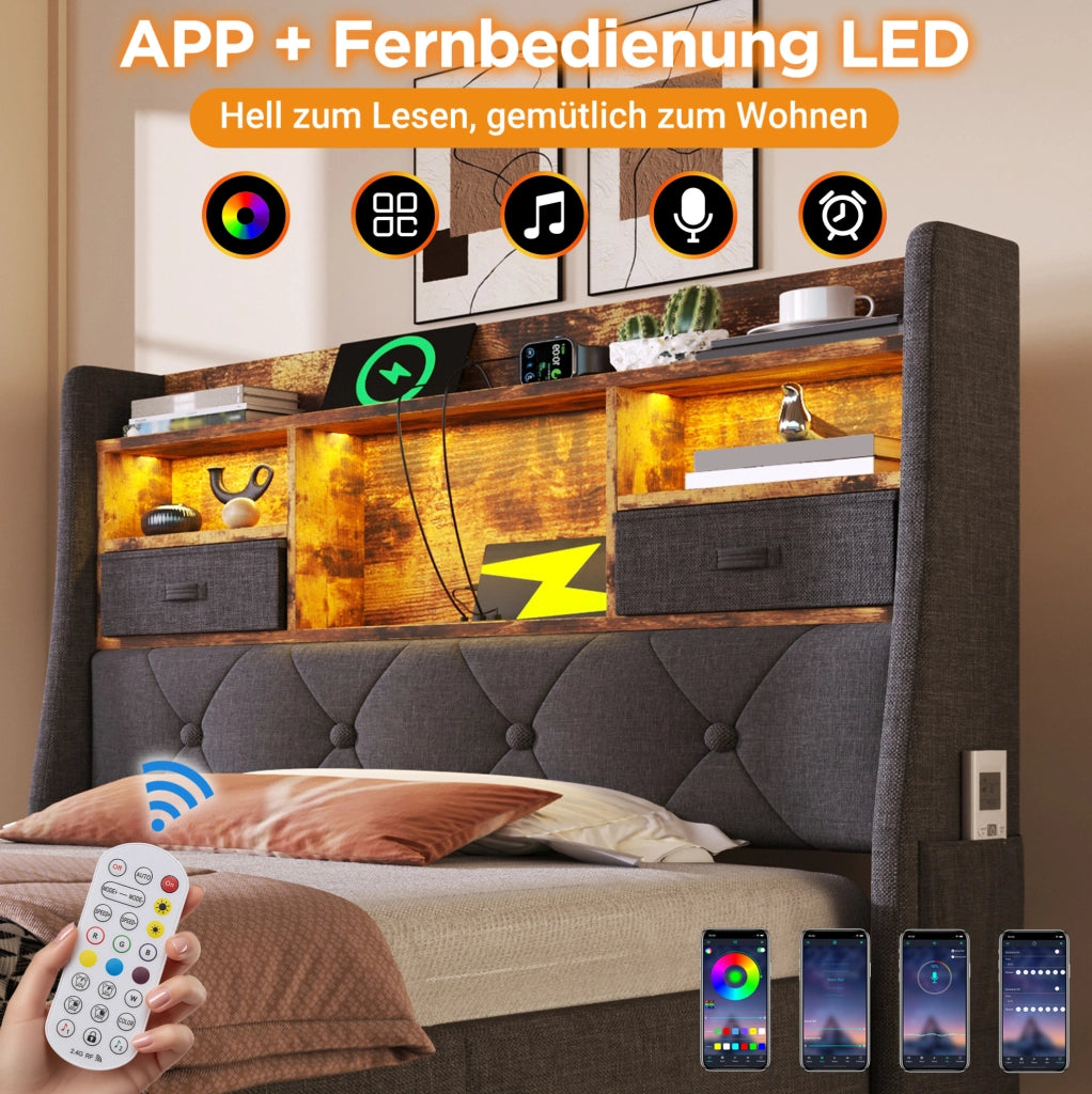 Letto singolo 90x200 con LED, ricarica USB-C e materasso