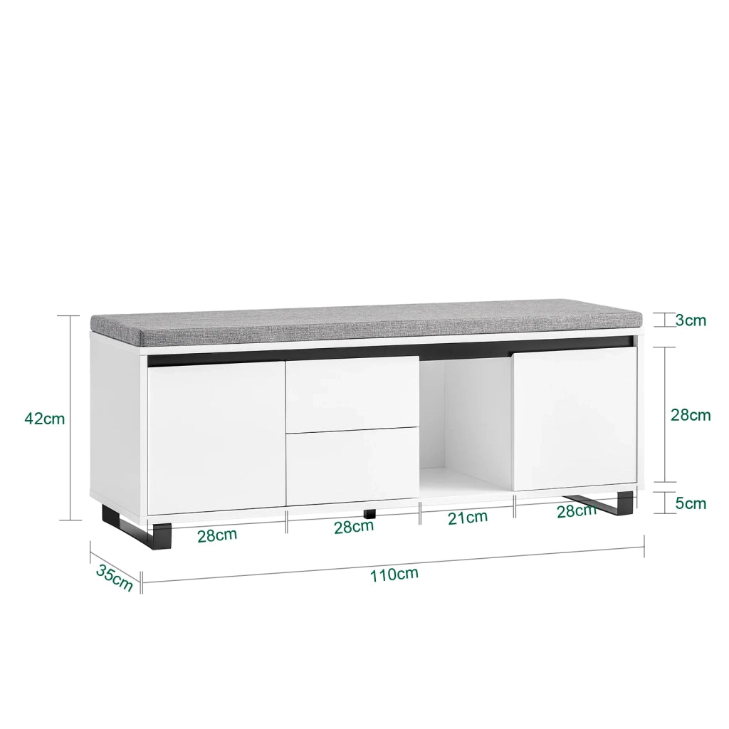 Scarpiera con 2 ante e 2 cassetti, Panca con vano portaoggetti, Panca ingresso, Scarpiera con sedile, Bianco 110x35x42cm FSR176-W