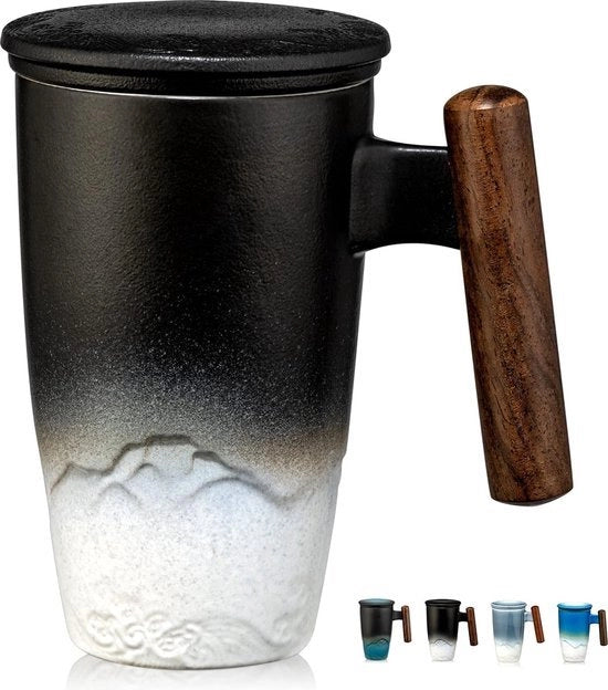 Tèiera ceramica con gruppo di servizio e coperchio tèiera con maniglia in legno 400 ml nero
