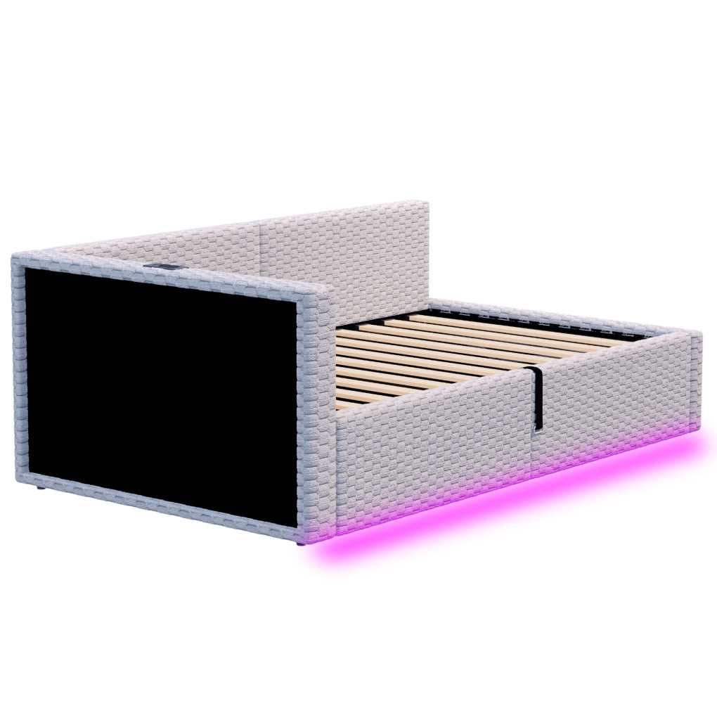 Letto imbottito ULEVR 90x200 cm con contenitore idraulico, LED, 2 USB e Type-C, velluto grigio