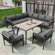 Set giardino 8 persone: corda intrecciata; tavolo grande effetto legno; ferro zincato; piedini regolabili