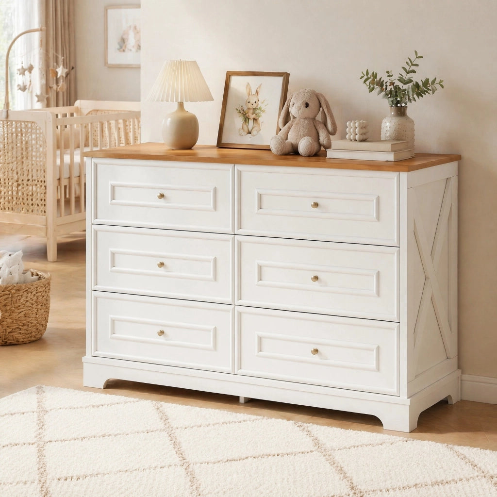 Sideboard in stile country con 6 cassetti; 120 x 40 x 76 cm; bianco e naturale
