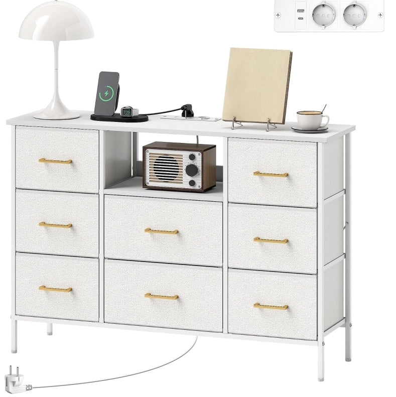 Cassettiera con 8 cassetti in tessuto bianco crema con prese integrate
