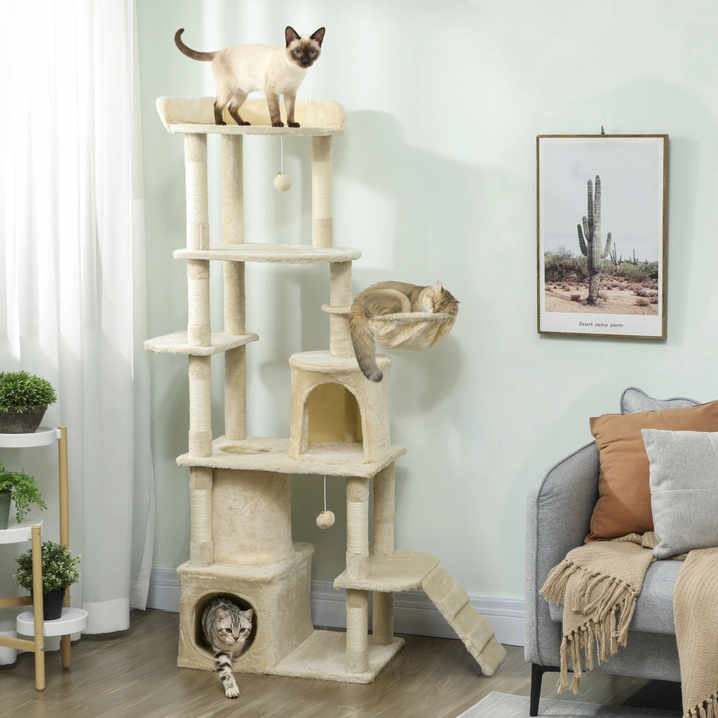 Albero tiragraffi per gatti con piattaforme, tunnel e amaca ¨C zephmum ¨C 170 cm, beige