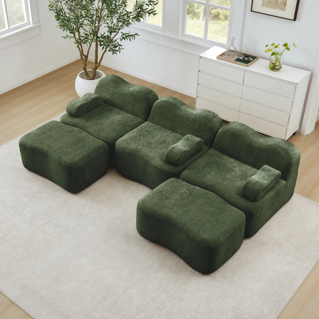 Divano angolare modulare a u 3 posti senza struttura con seduta profonda e pouf collegabili in velluto verde