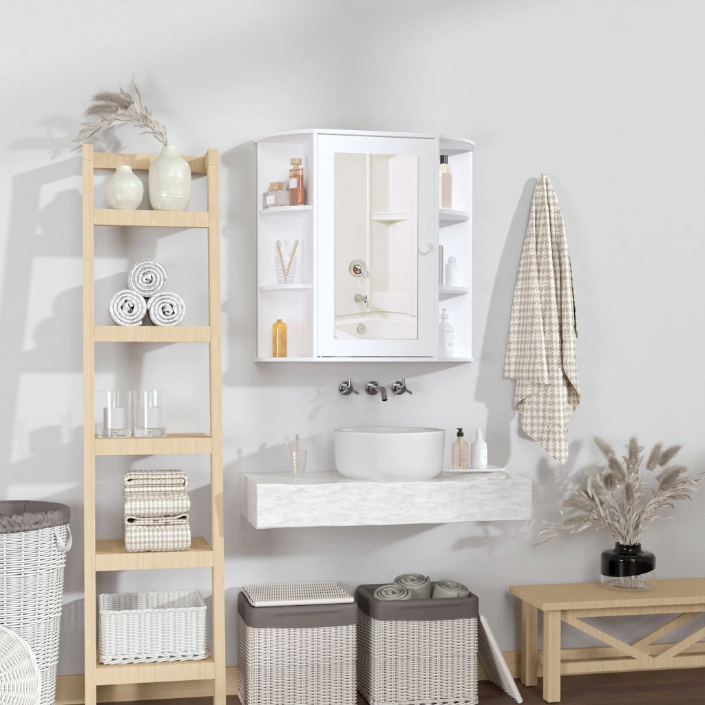 EasyComfort Specchio Bagno Contenitore, Armadietto Bagno con Specchio, Anta Centrale e Mensole in Legno Bianco (66 x 17 x 63 cm)