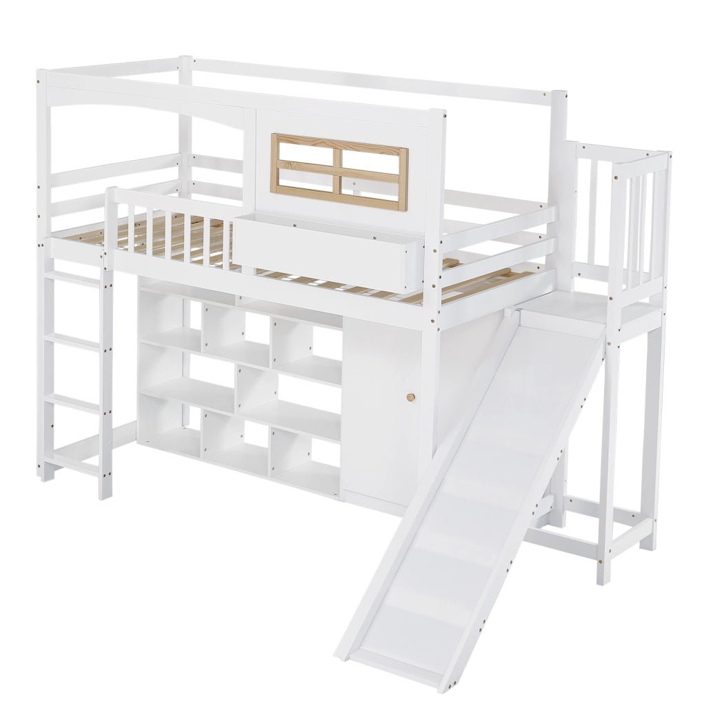 OKWISH Letto a Castello 90×200 cm, Letto Singolo con Armadio, Mensole, Scala a 4 Gradini e Scivolo, con Contenitore, senza Materasso
