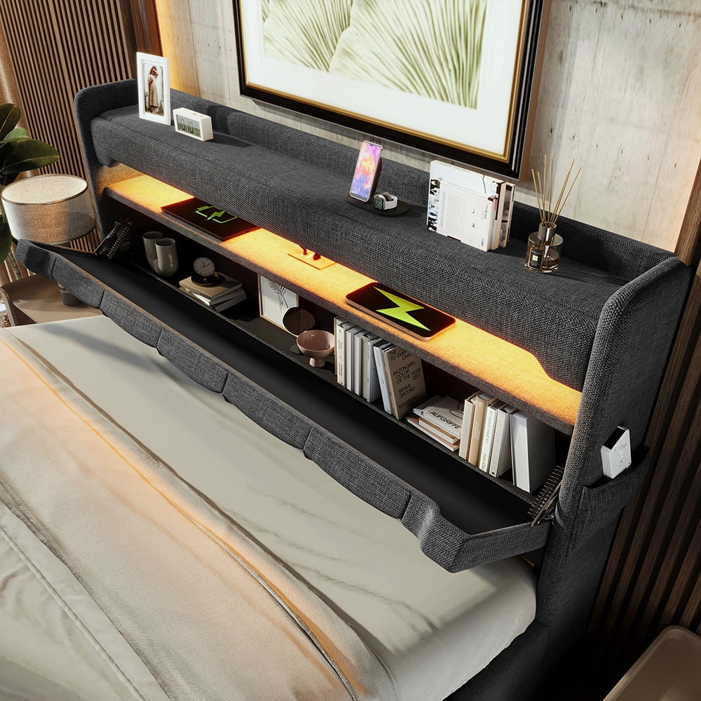 Letto matrimoniale-Xylo-140x200 cm-LED 360°, USB-C, idraulico, lino, grigio