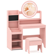 Scrivania bambini specchio luci tavolo trucco principessa scaffale aperta, Tavolo anelli spazi sgabello imbottito finzione giochi bambini Rosa