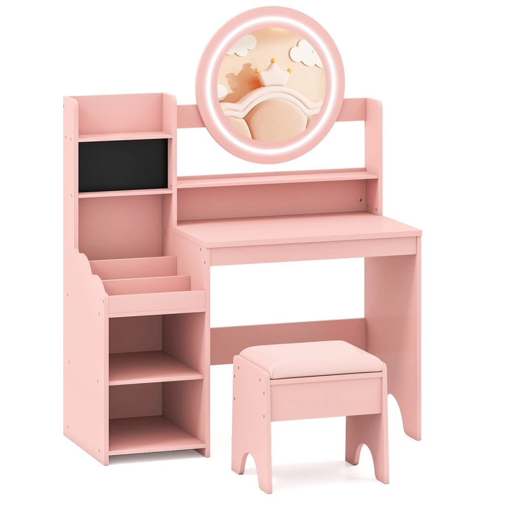 Scrivania bambini specchio luci tavolo trucco principessa scaffale aperta, Tavolo anelli spazi sgabello imbottito finzione giochi bambini Rosa