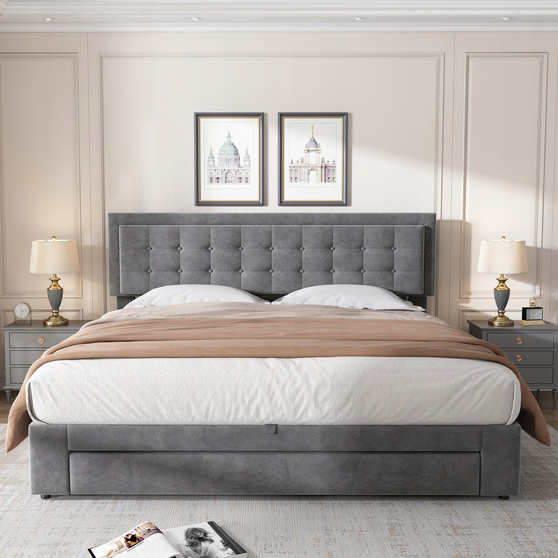 Letto imbottito 160x200 - Xylo - Grigio con contenitore