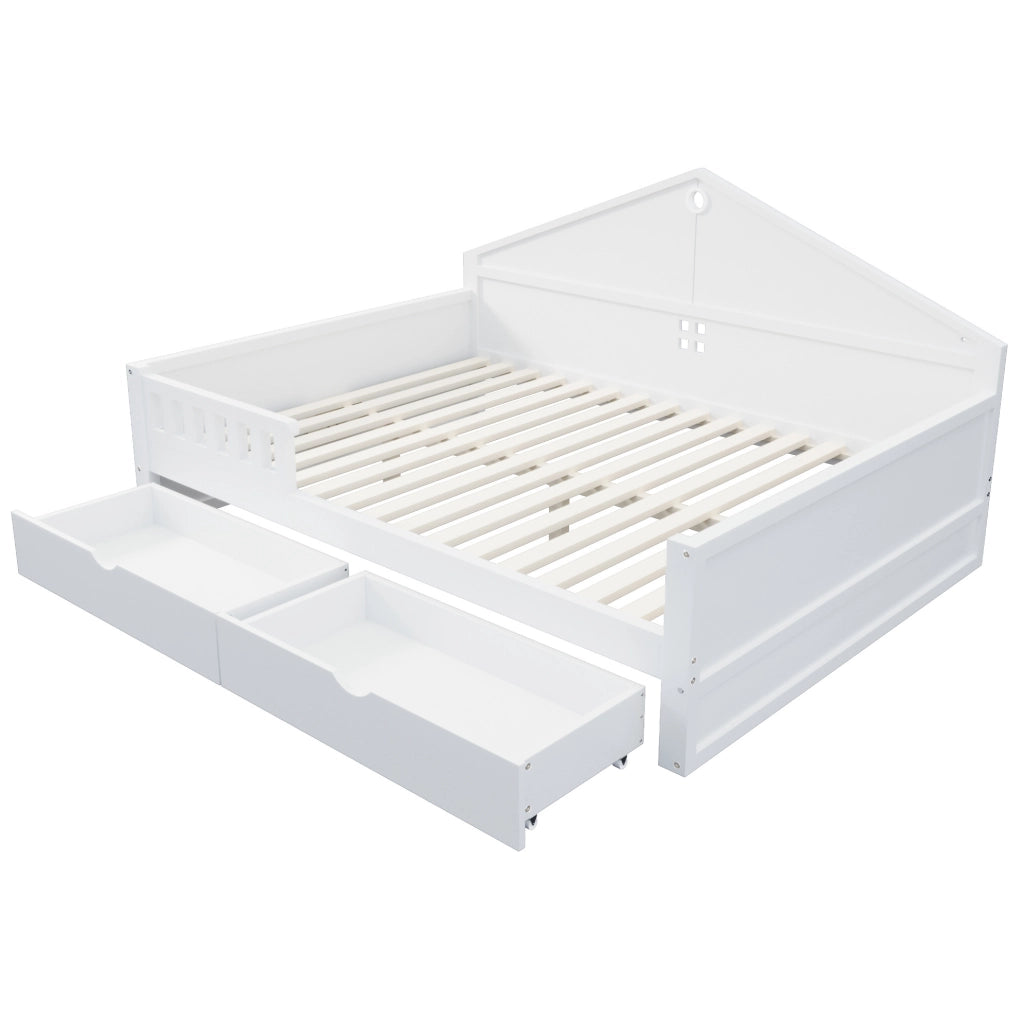 Letto multifunzione per materasso 140×200 cm con striscia LED e 2 cassetti; legno massello e MDF; bianco