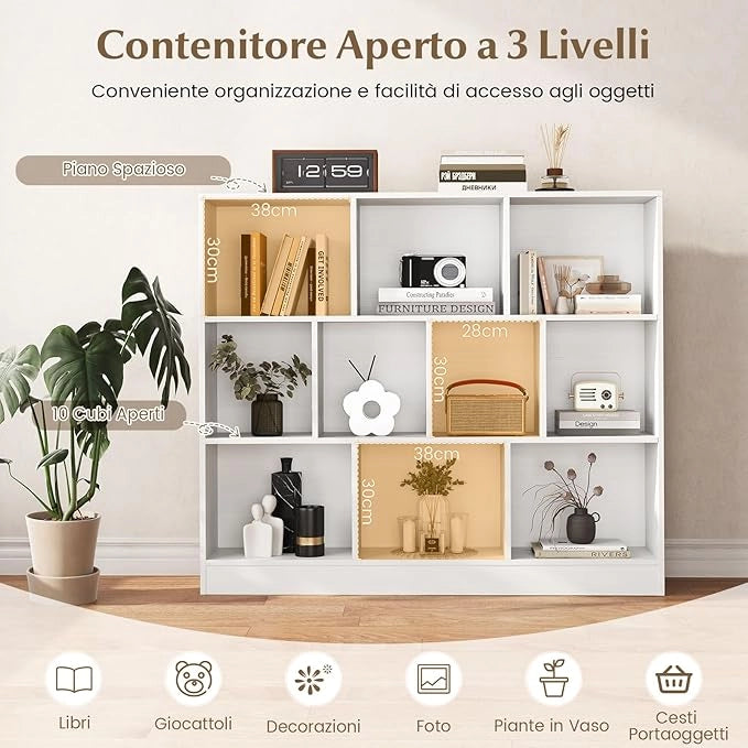 Libreria a 10 Cubi, Organizzatore di Stoccaggio a 3 Ripiani con 2 Kit Anti-Ribaltamento, Scaffale Multiuso in Legno per Soggiorno Camera da Letto Ufficio, 120x24x104 cm (Bianco)