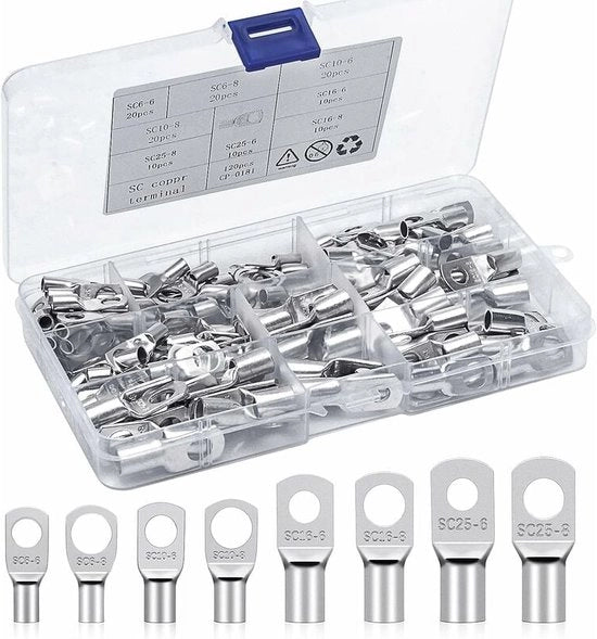 Connettori di cavo - 120 pezzi - Connettori di cavo di fissaggio - Terminals in rame argentato - Terminals di cavo elettrico - 6mm² 10mm² 16mm² 25mm² - Connettori a anello per batterie auto, motori, barche