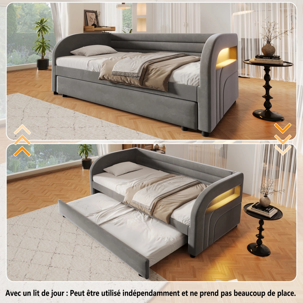Letto singolo 90x200 in velluto con letto estraibile e LED, Grigio
