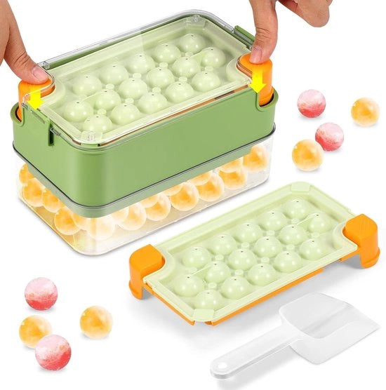 Set di congelatori a forma di cubetto con coperchio e contenitore - 2 pezzi di congelatori a forma di cubetto rotondi + cucchiaio di ghiaccio + contenitore per ghiaccio, Congelatori a forma di cubetto facili da smontare